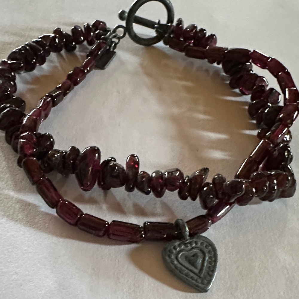 Sundance Handcrafted Garnet-Red Beaded Heart Charm Bracelet - Women Jewelry